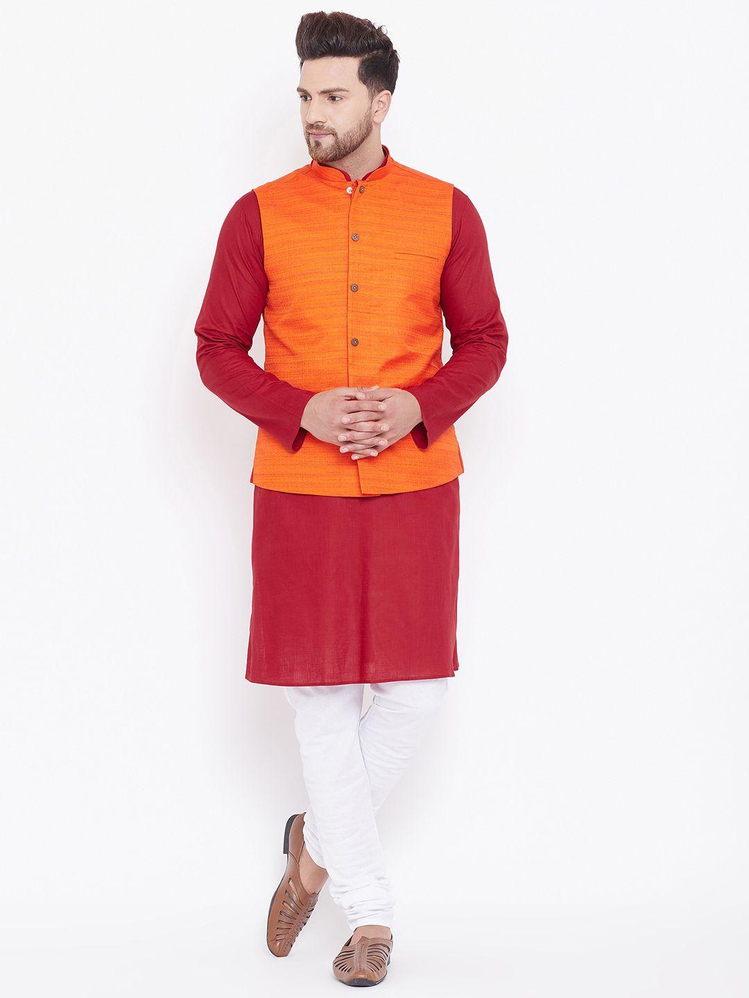 vastramay men maroon kurta with churidar & nehru jacket