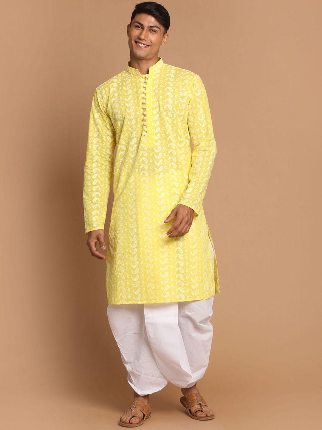 vastramay men mustard and white pure cotton chikankari kurta with dhoti set