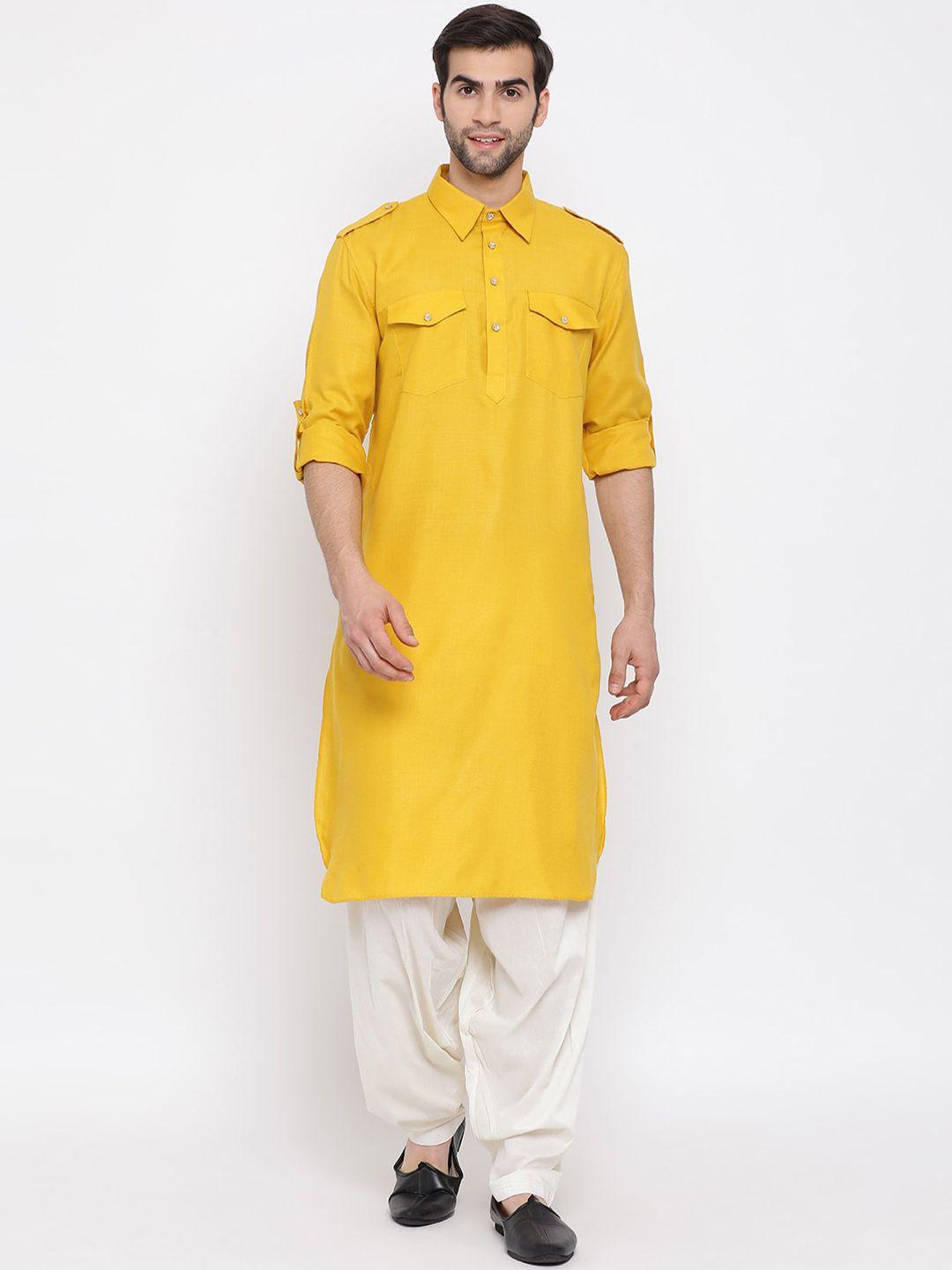 vastramay men mustard yellow & cream-coloured solid kurta with pyjamas
