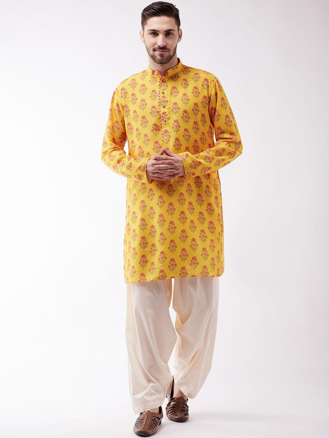 vastramay men mustard yellow & pink ethnic motifs printed kurta with patiala