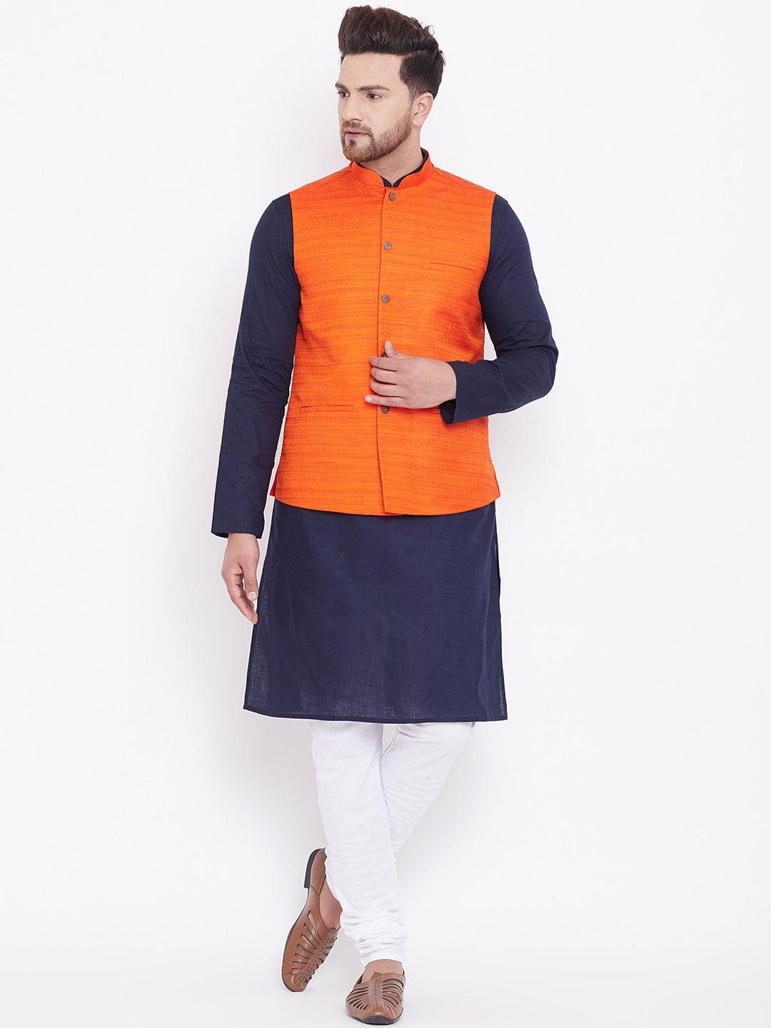 vastramay men navy blue kurta with churidar & nehru jacket