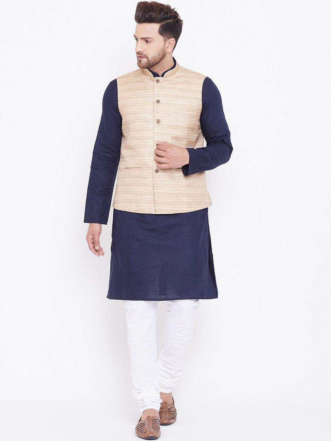 vastramay men navy blue kurta with churidar & nehru jacket