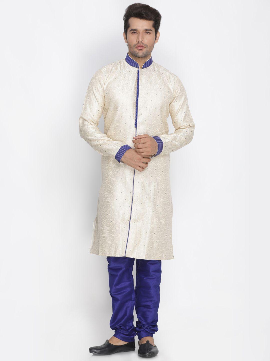 vastramay men off-white printed sherwani with blue churidar
