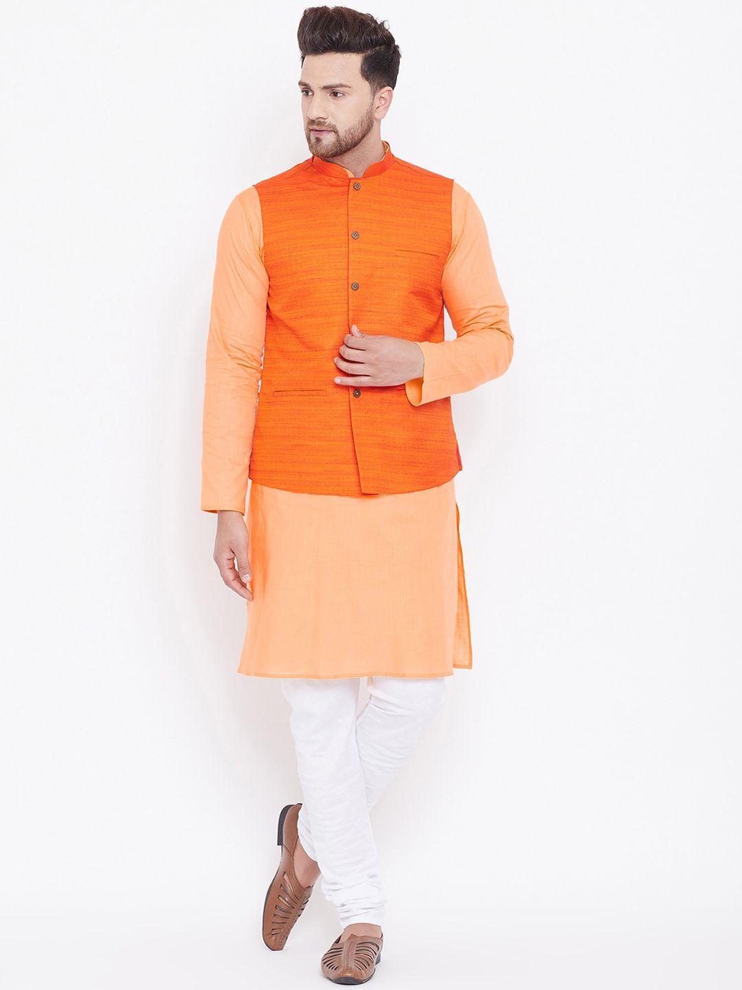 vastramay men orange kurta with churidar & nehru jacket