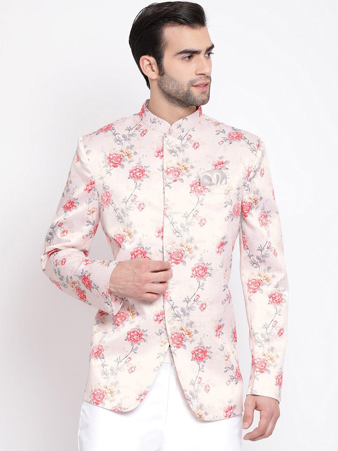 vastramay men peach & pink printed tailored-fit bandhgala blazer