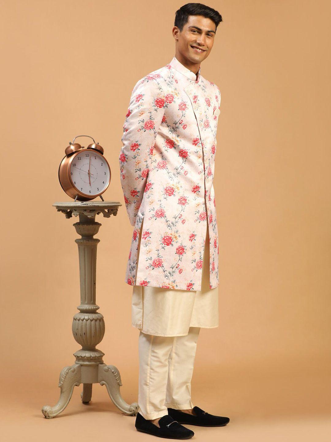 vastramay men peach and cream-colored kurta & pyjamas with printed sherwani