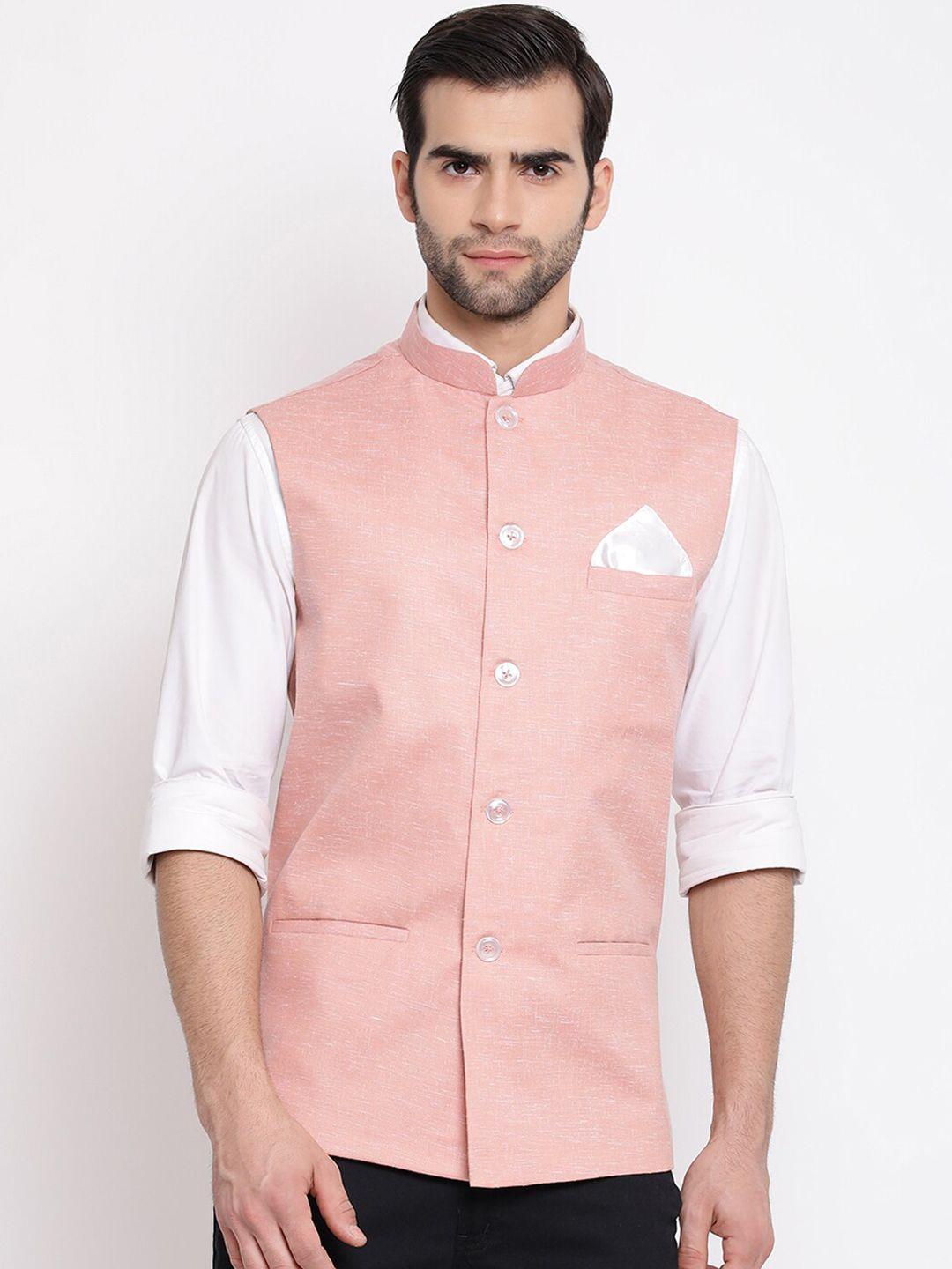 vastramay-men-peach-coloured-woven-design-nehru-jacket