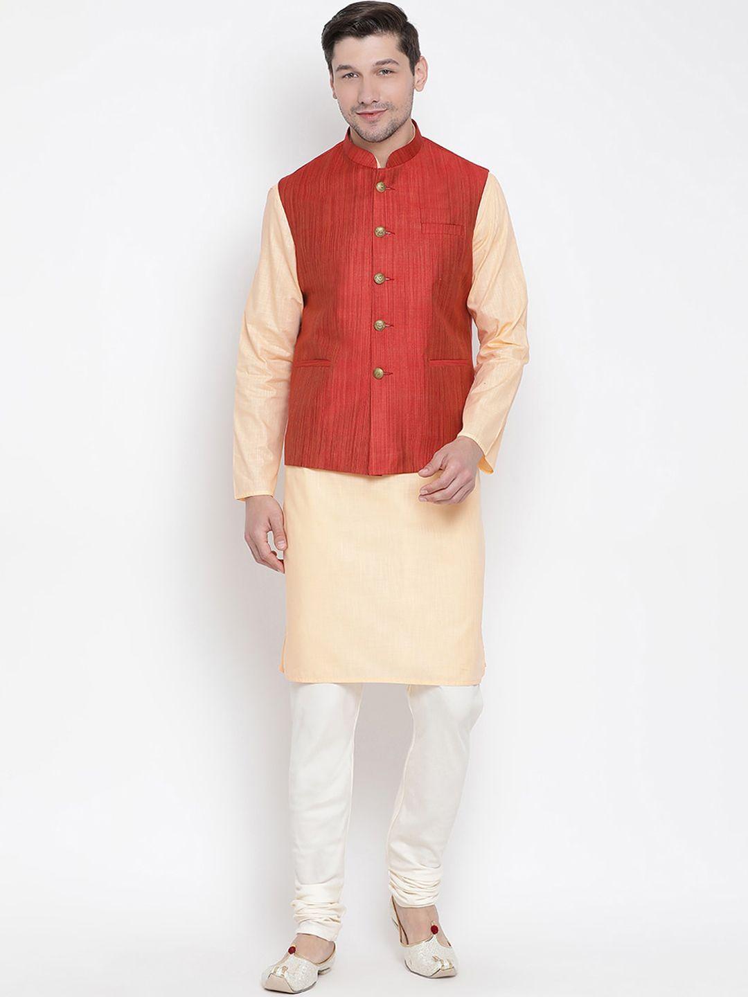vastramay men peach-coloured kurta with churidar & nehru jacket