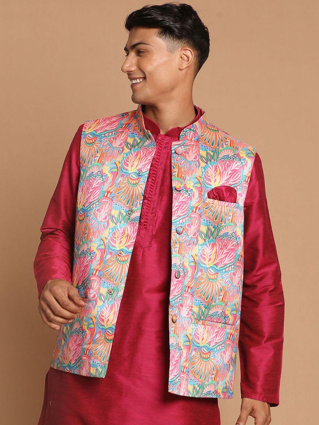 vastramay-men-pink-&-blue-digital-printed-satin-slim-fit-nehru-jacket