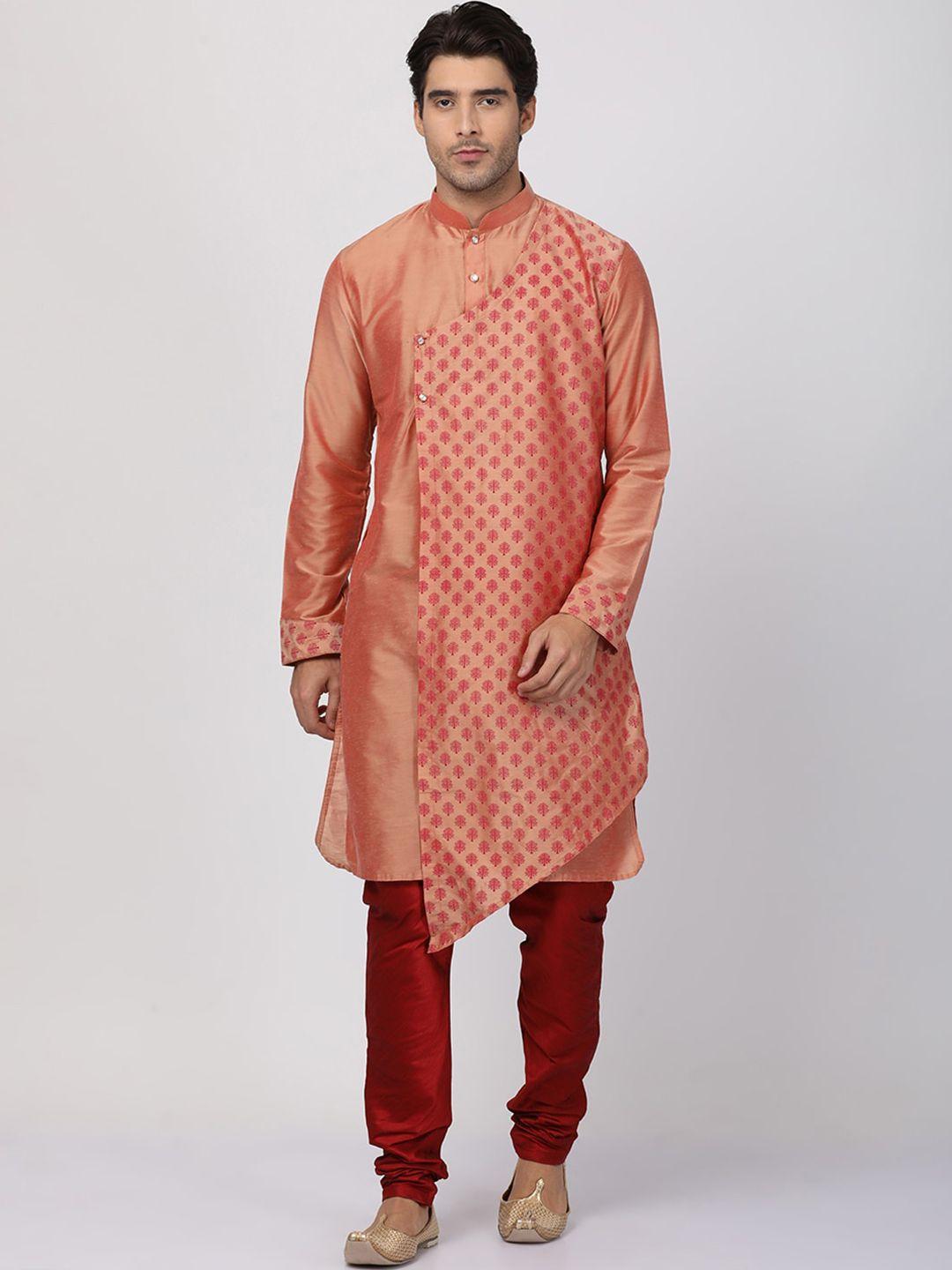 vastramay men pink layered kurta with churidar