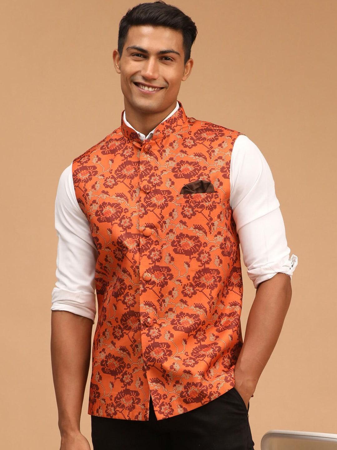 vastramay-men-rust-printed-cotton-blend-nehru-jacket