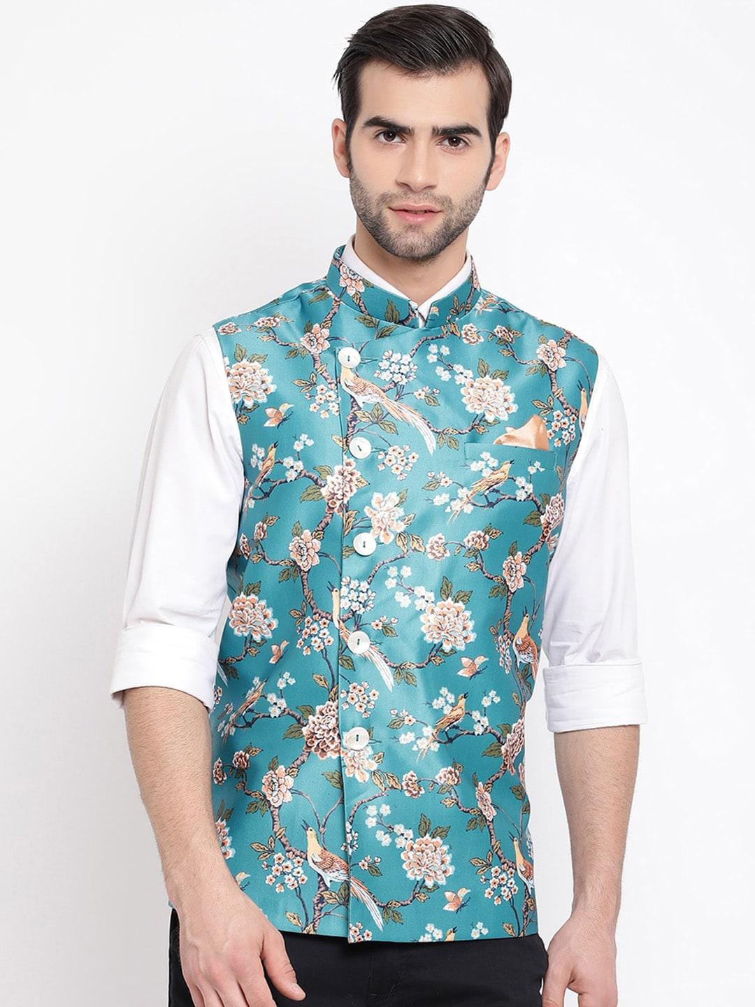 vastramay-men-turquoise-blue-&-beige-printed-nehru-jacket