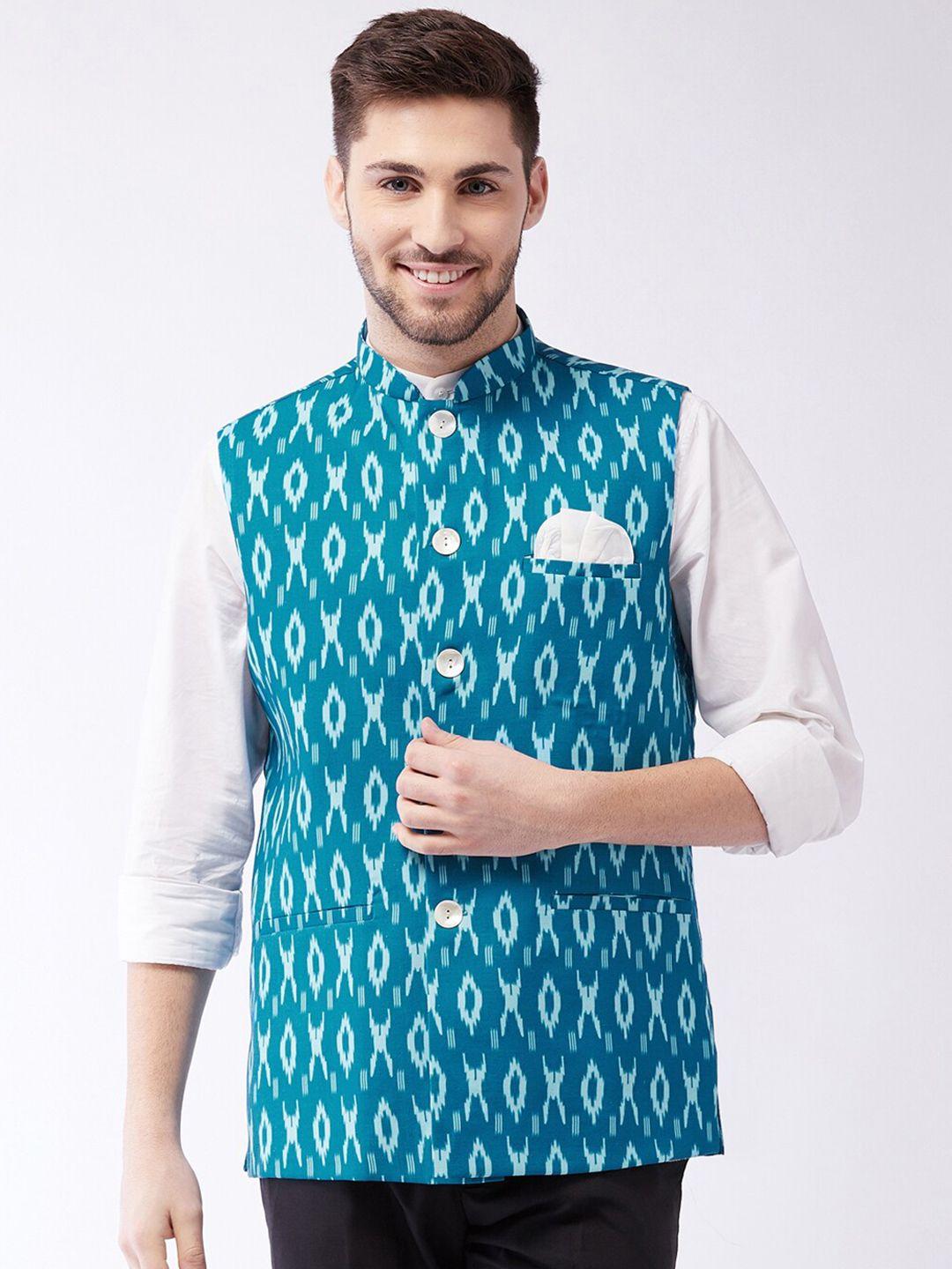 vastramay men turquoise blue & white ikkat printed cotton slim-fit woven nehru jacket