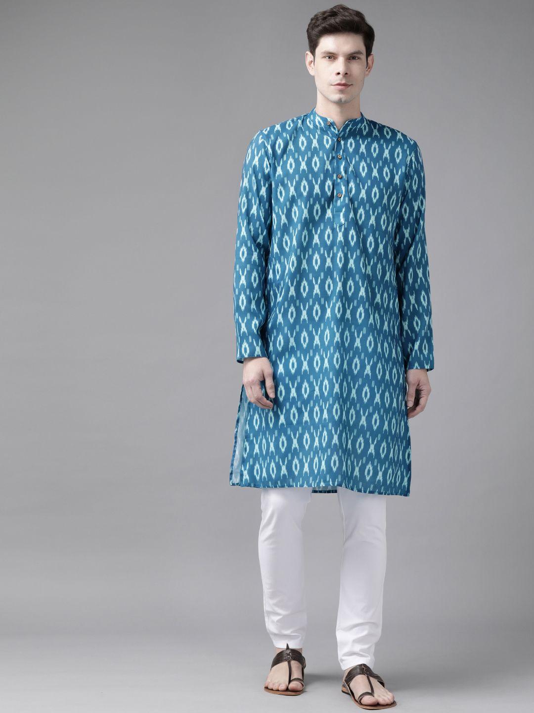 vastramay men turquoise blue ethnic motifs printed indie prints pure cotton kurta
