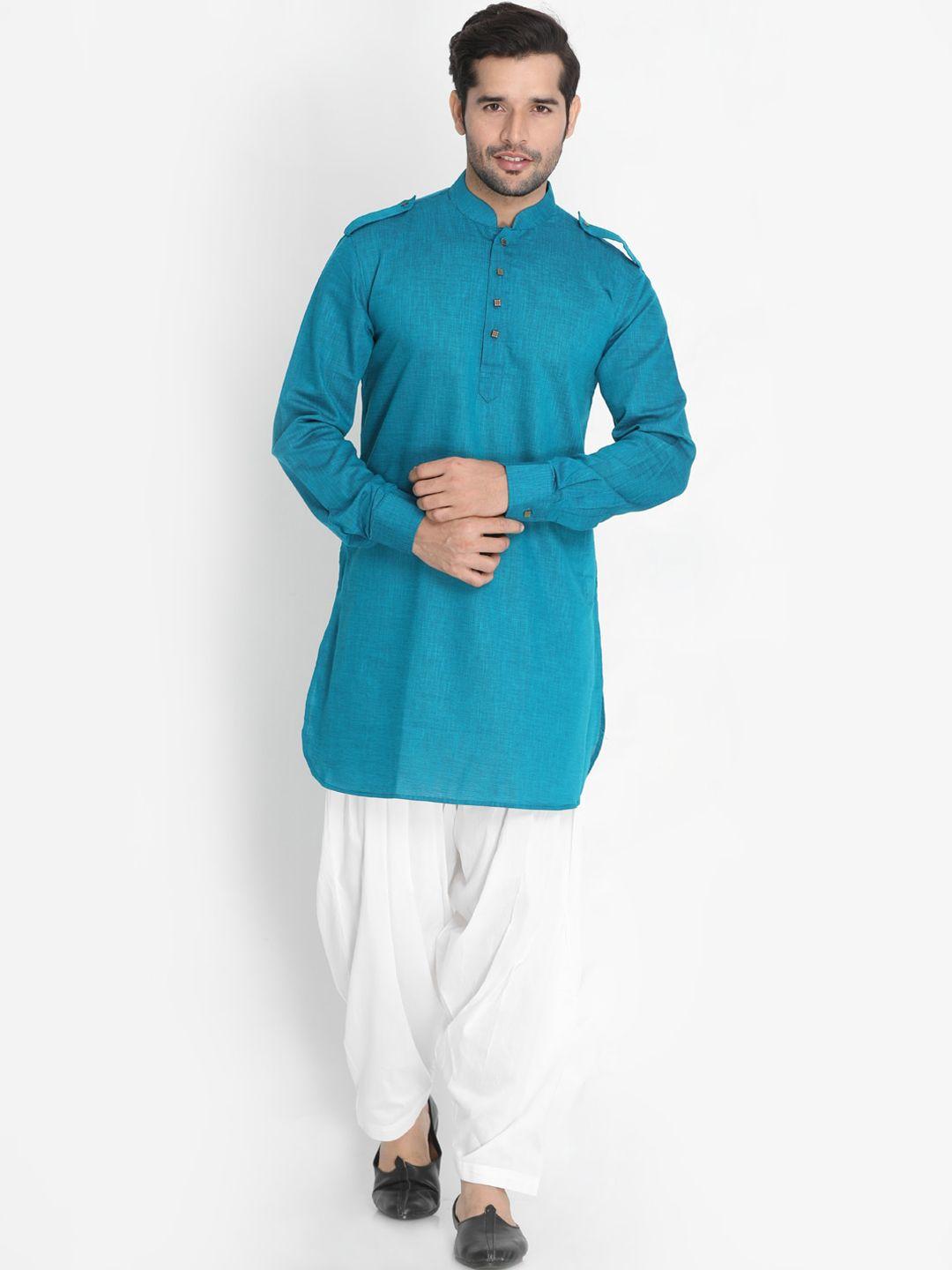 vastramay men turquoise blue solid pathani kurta with patiala