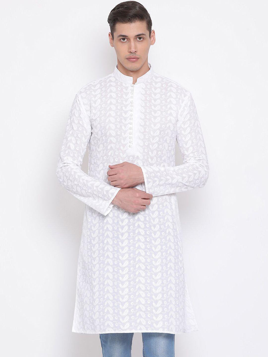 vastramay men white woven design straight kurta