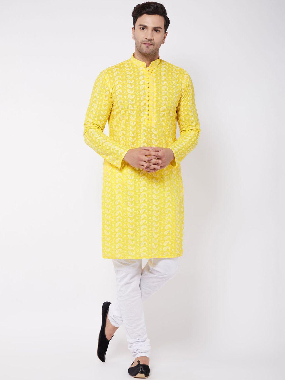 vastramay men yellow and white chikankari kurta pyjama set