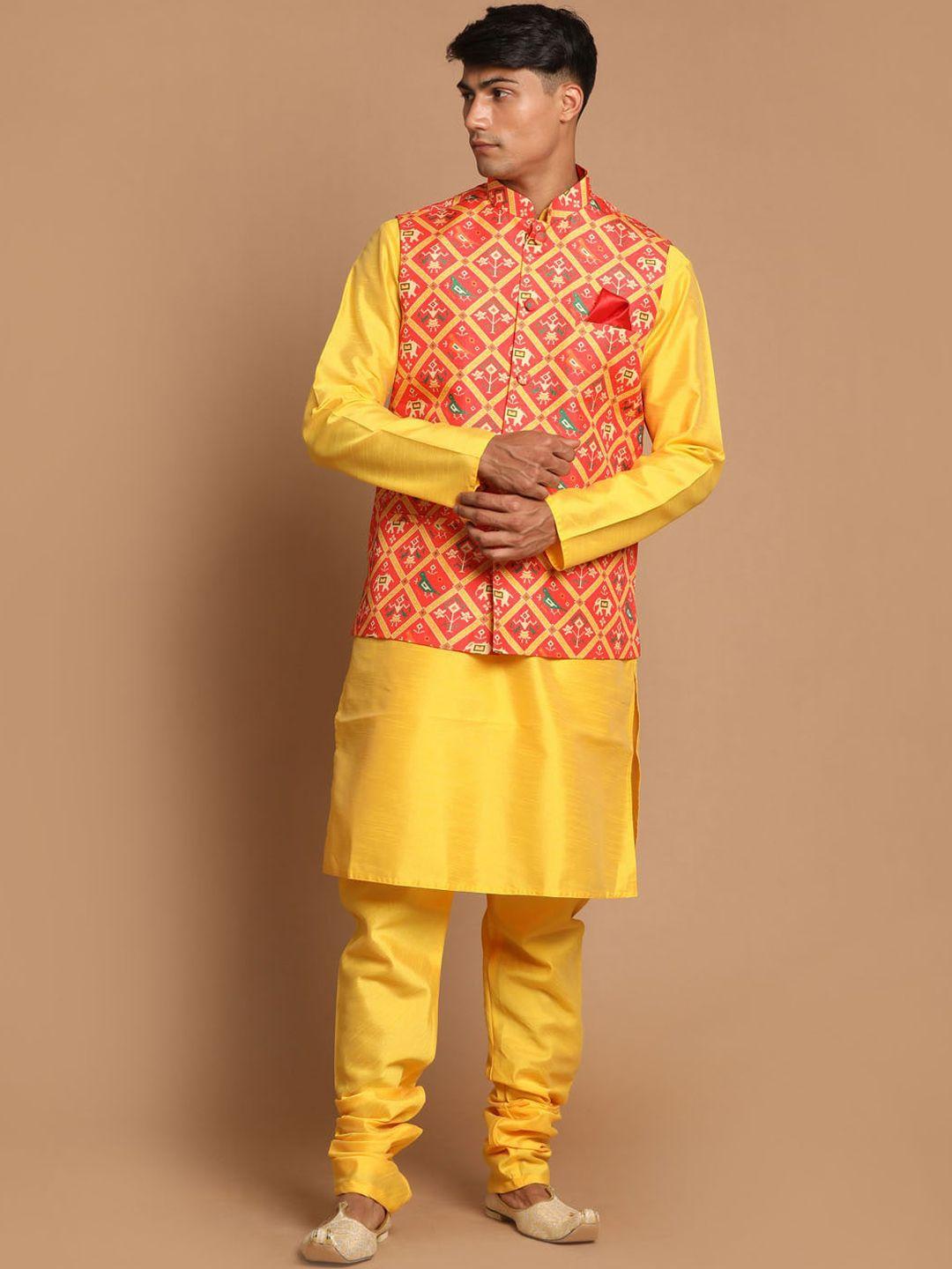 vastramay men yellow ethnic motifs kurta with churidar