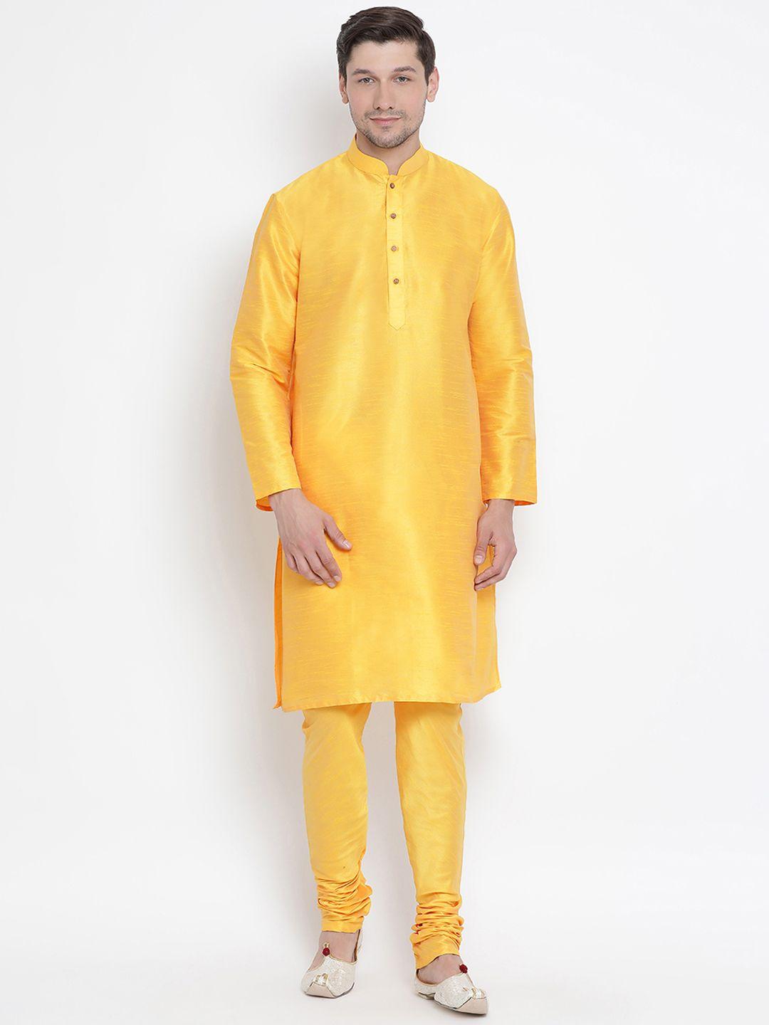 vastramay men yellow solid kurta with pyjamas