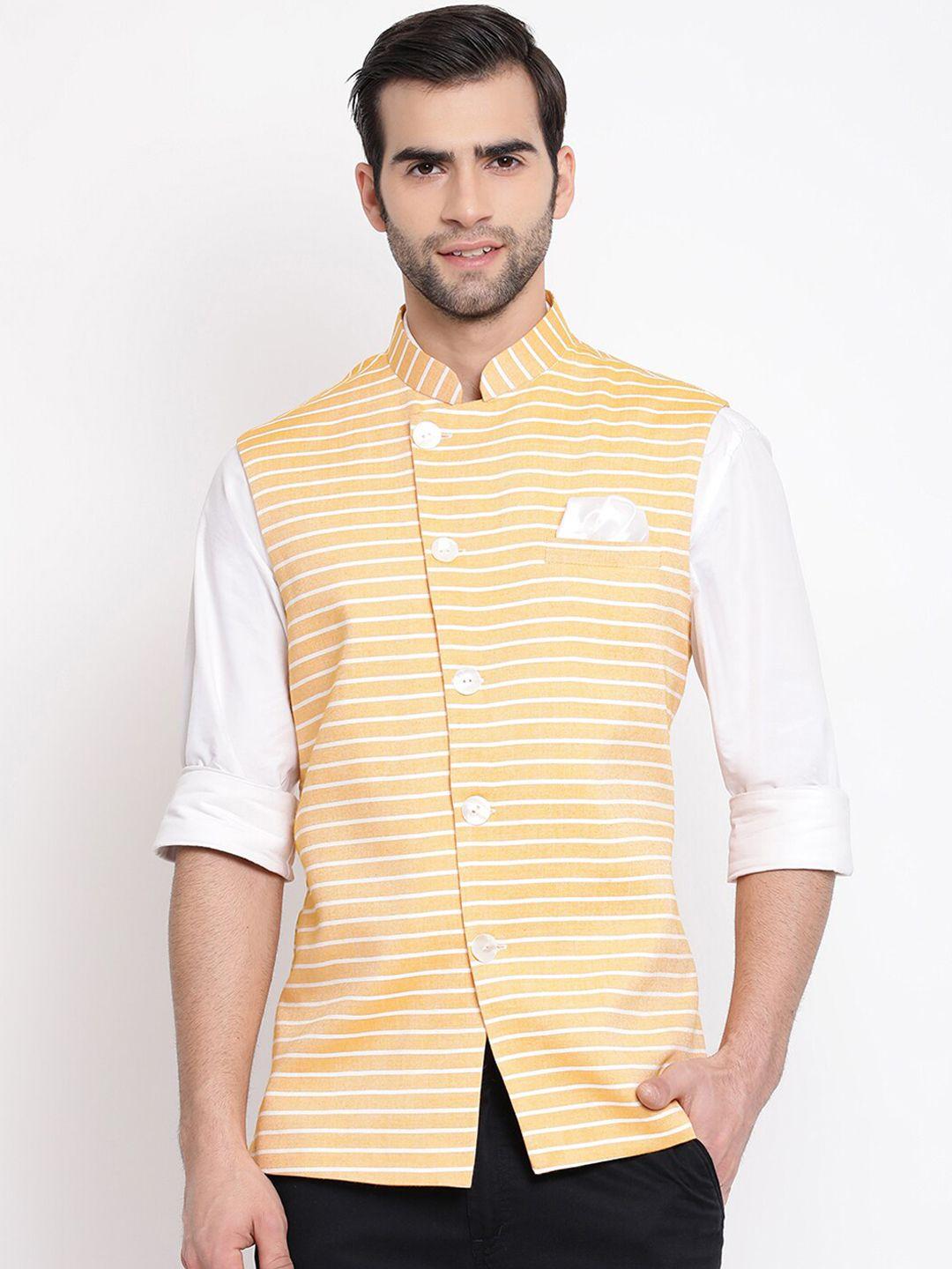 vastramay men yellow striped slim-fit nehru jacket