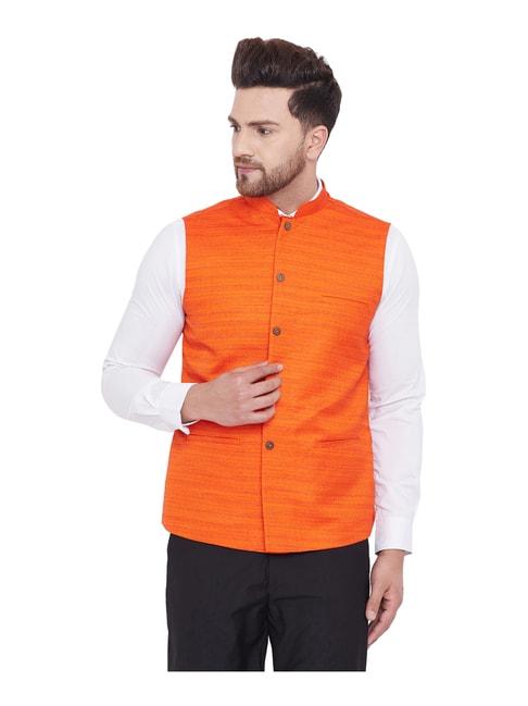 vastramay orange regular fit self pattern nehru jacket
