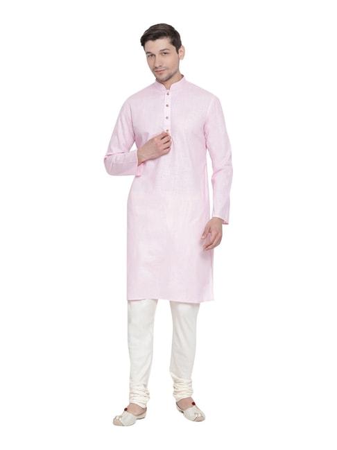 vastramay pink & cream cotton linen straight fit kurta churidar set