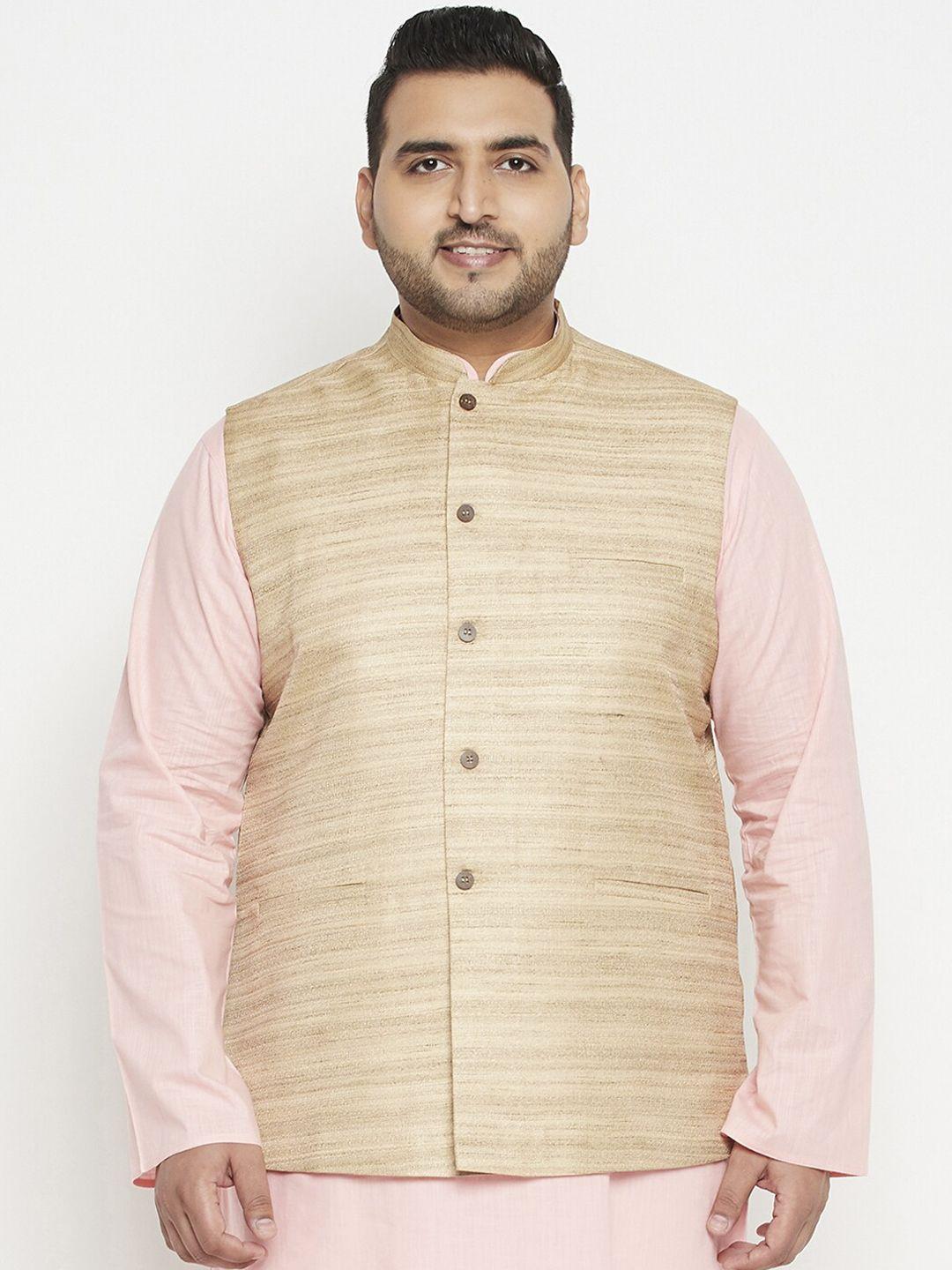 vastramay plus men beige self-design slim-fit woven nehru jacket