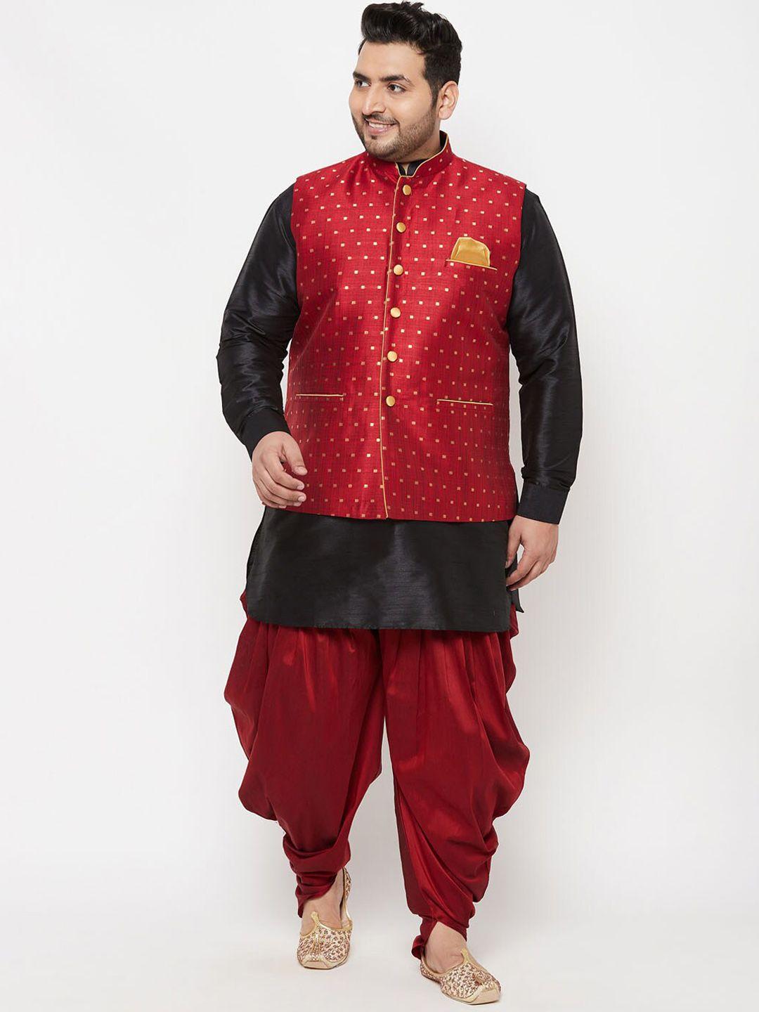 vastramay plus men black & red kurta set with nehru jacket