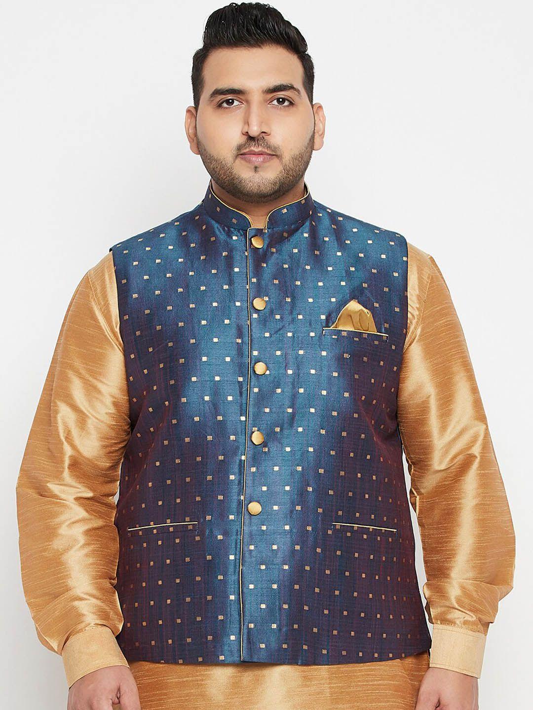 vastramay plus men blue & gold-coloured woven-design slim-fit plus size nehru jacket