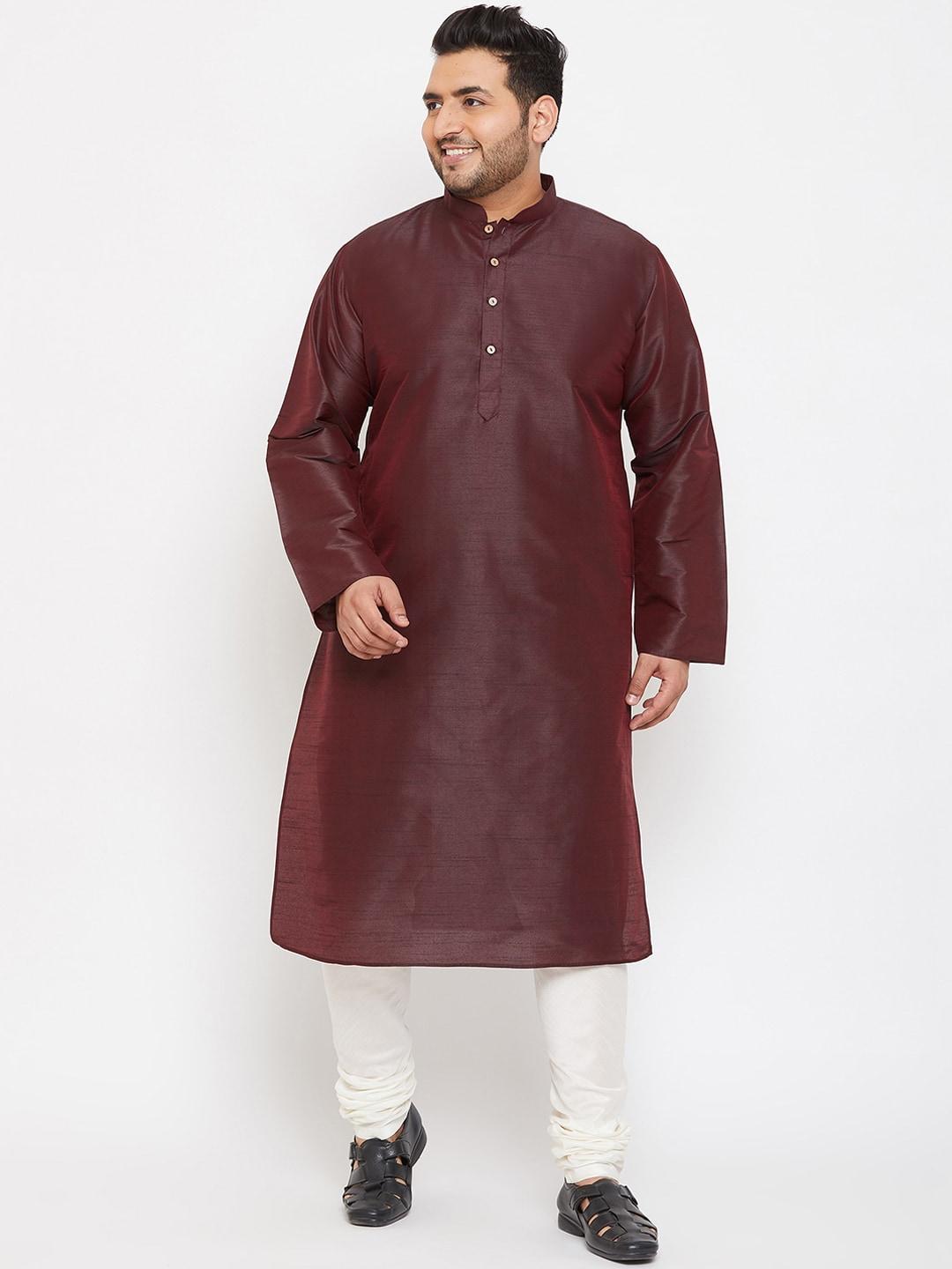 vastramay plus men burgundy & off-white silk blend kurta with churidar
