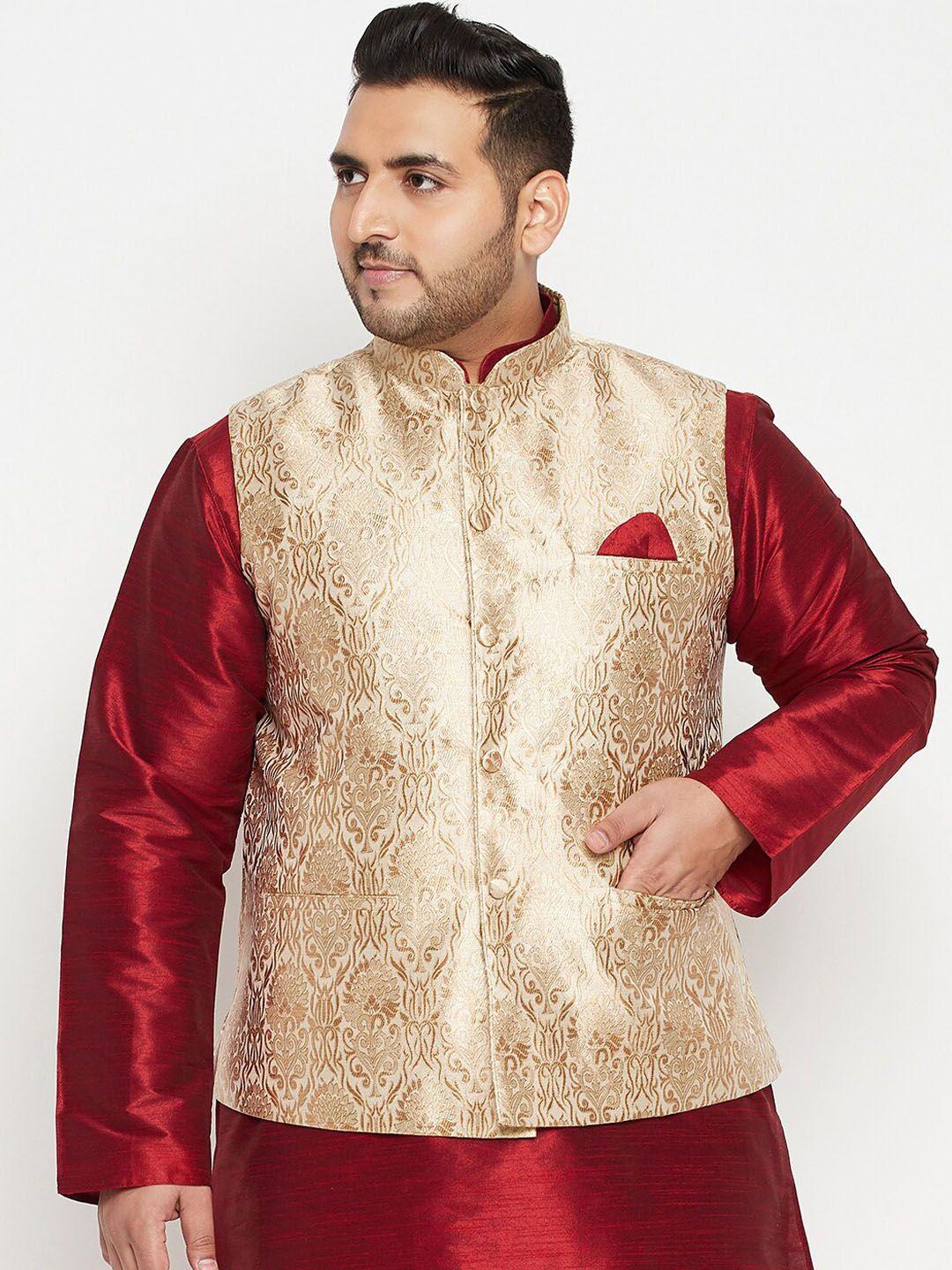 vastramay plus men gold-coloured woven-design slim-fit nehru jacket