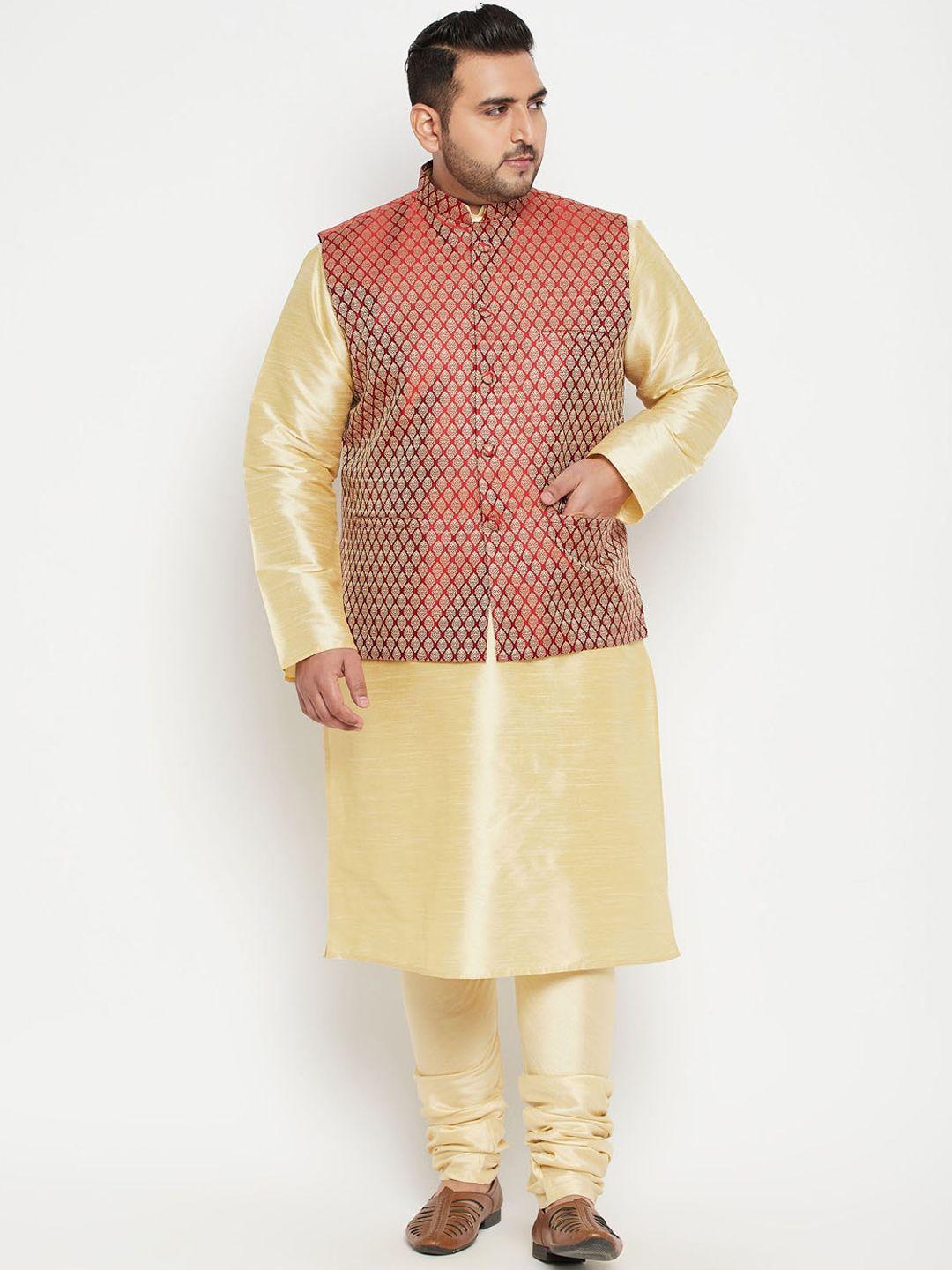 vastramay plus men gold-toned & maroon woven designed kurta with churidar & jacket