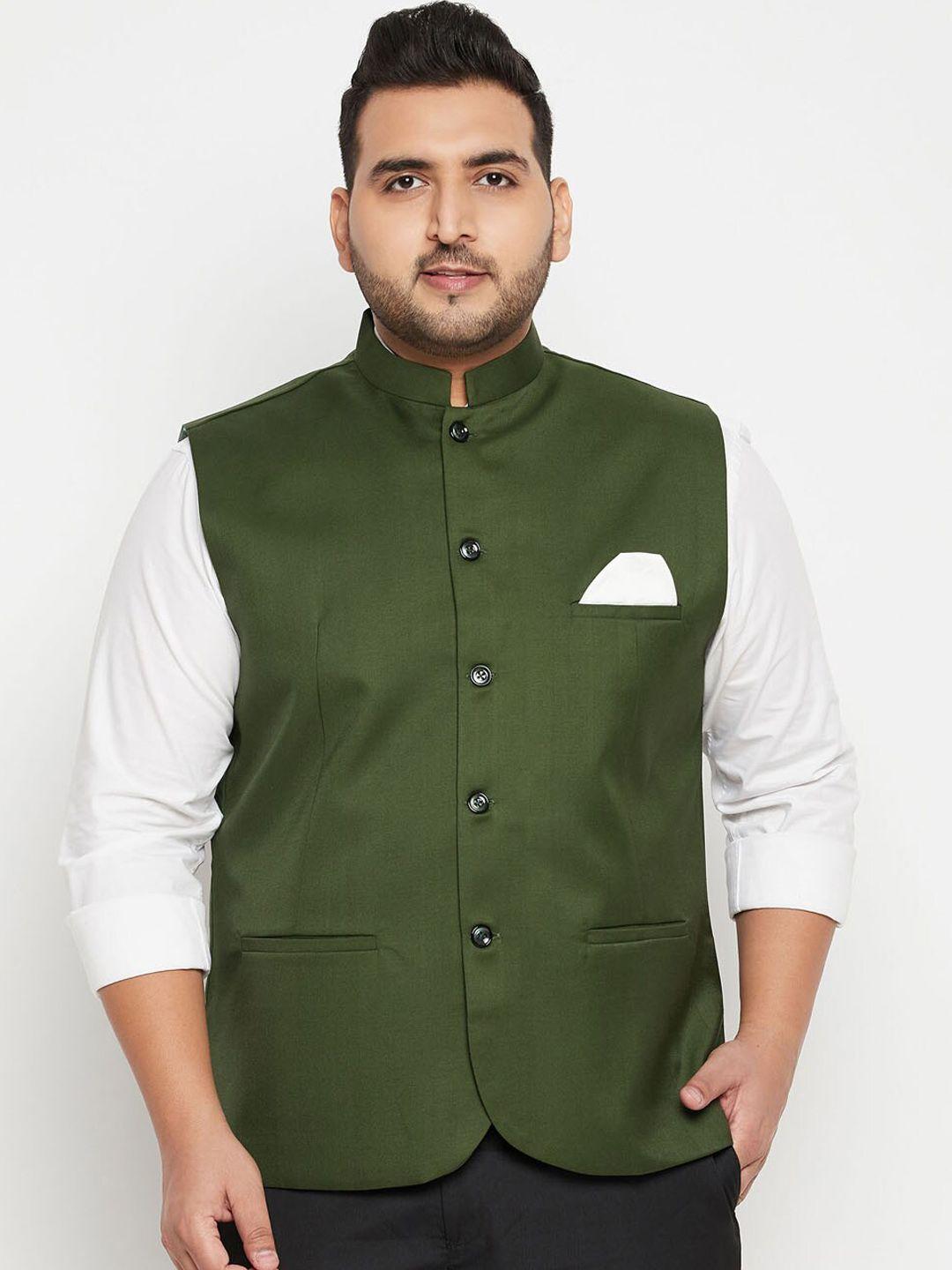 vastramay plus men green solid slim-fit woven plus size nehru jacket