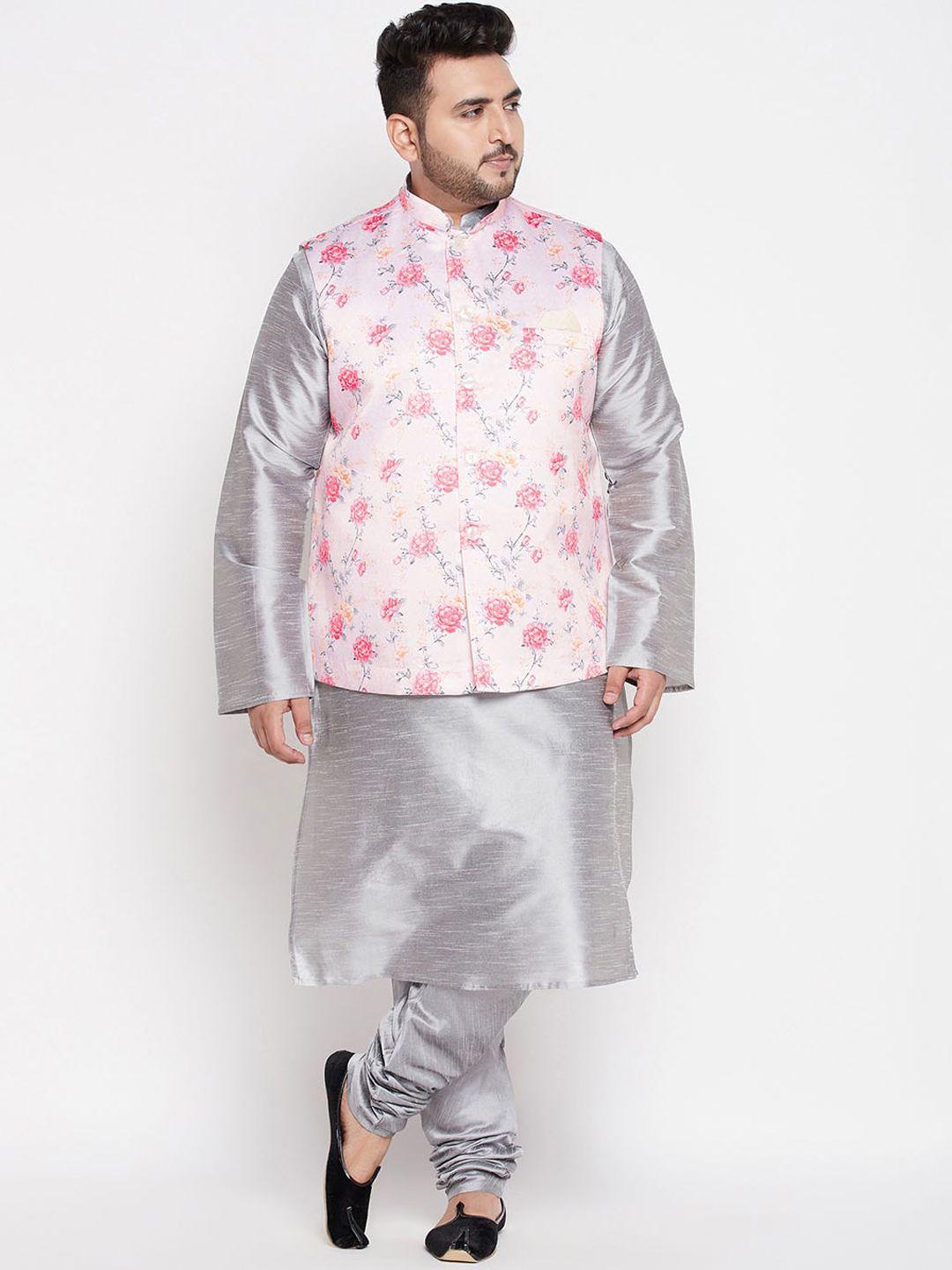 vastramay plus men grey floral kurta with churidar with nehru jacket