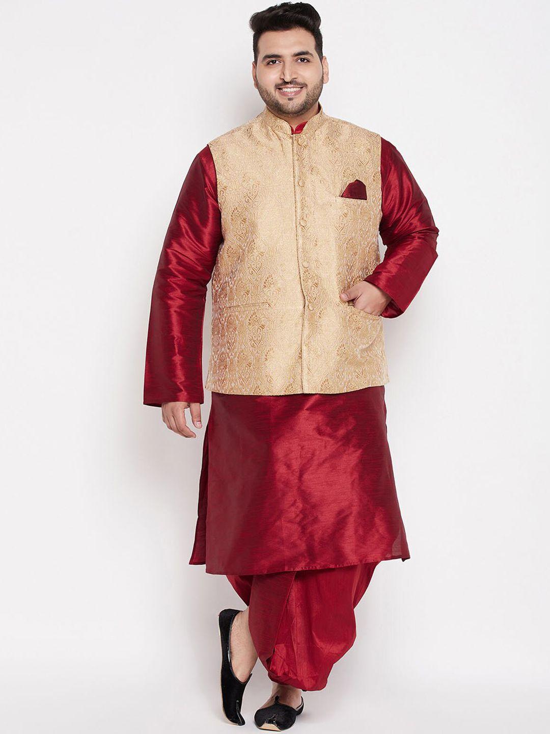 vastramay plus men maroon kurta with dhoti pants & nehru jacket