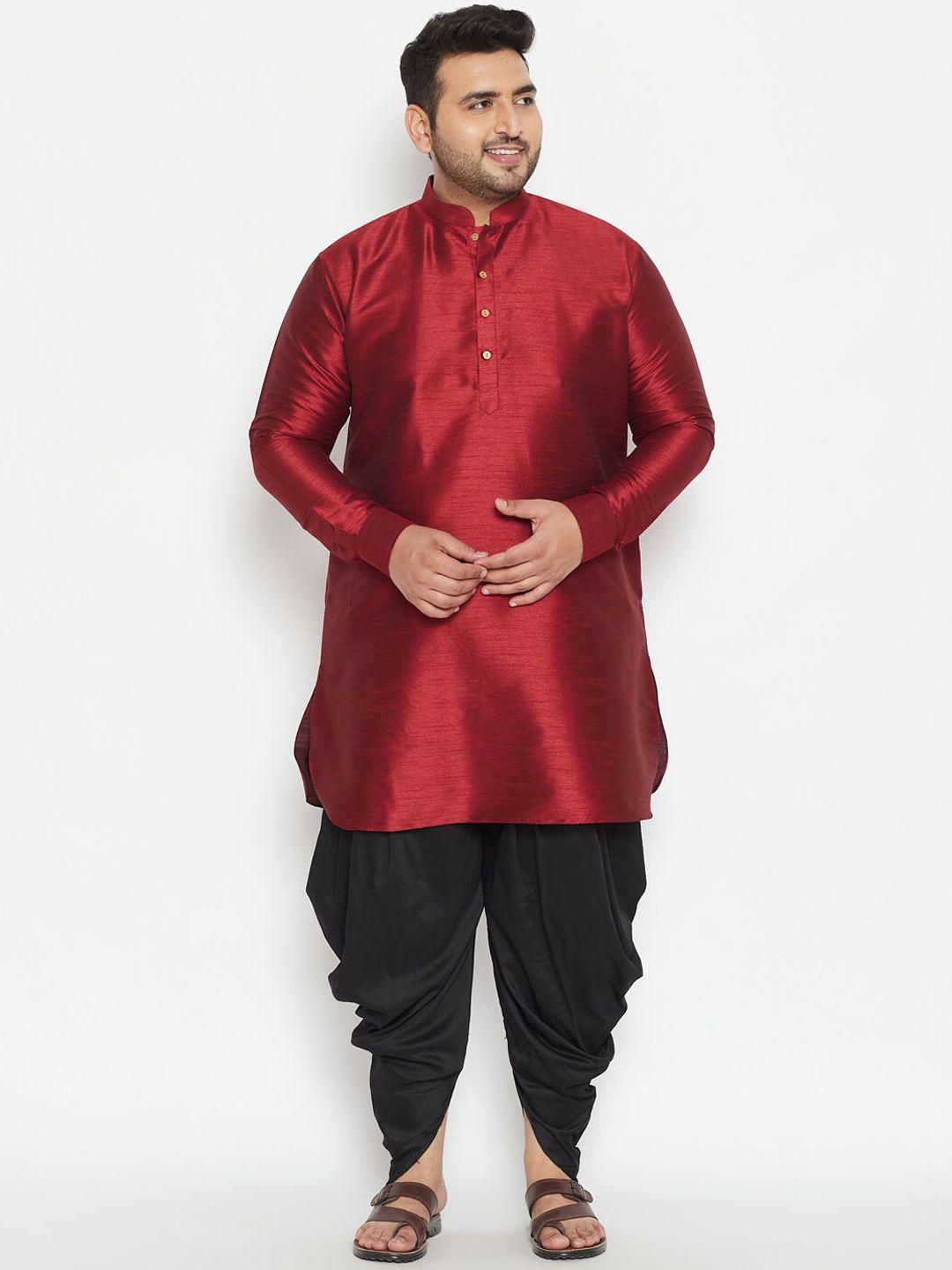 vastramay plus men maroon silk blend kurta with dhoti set