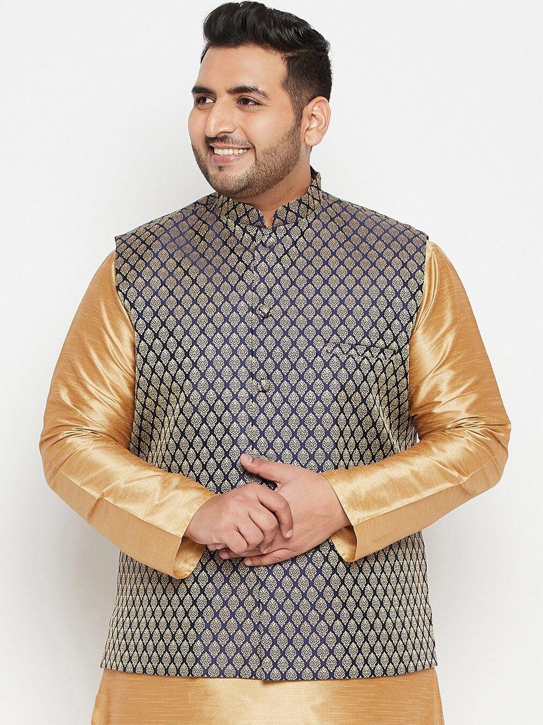 vastramay plus men navy blue & gold coloured woven design nehru jacket