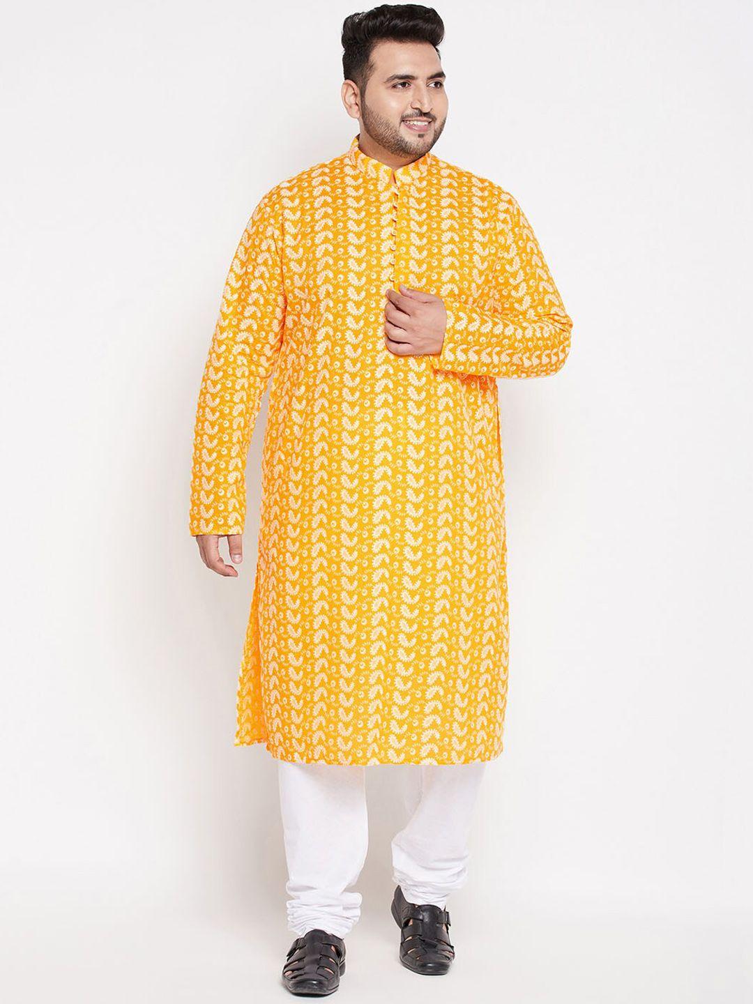 vastramay plus men orange paisley printed chikankari pure cotton kurta with pyjamas