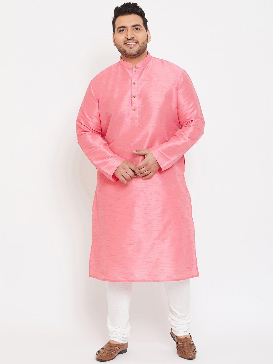 vastramay plus men pink & white silk blend kurta with churidar
