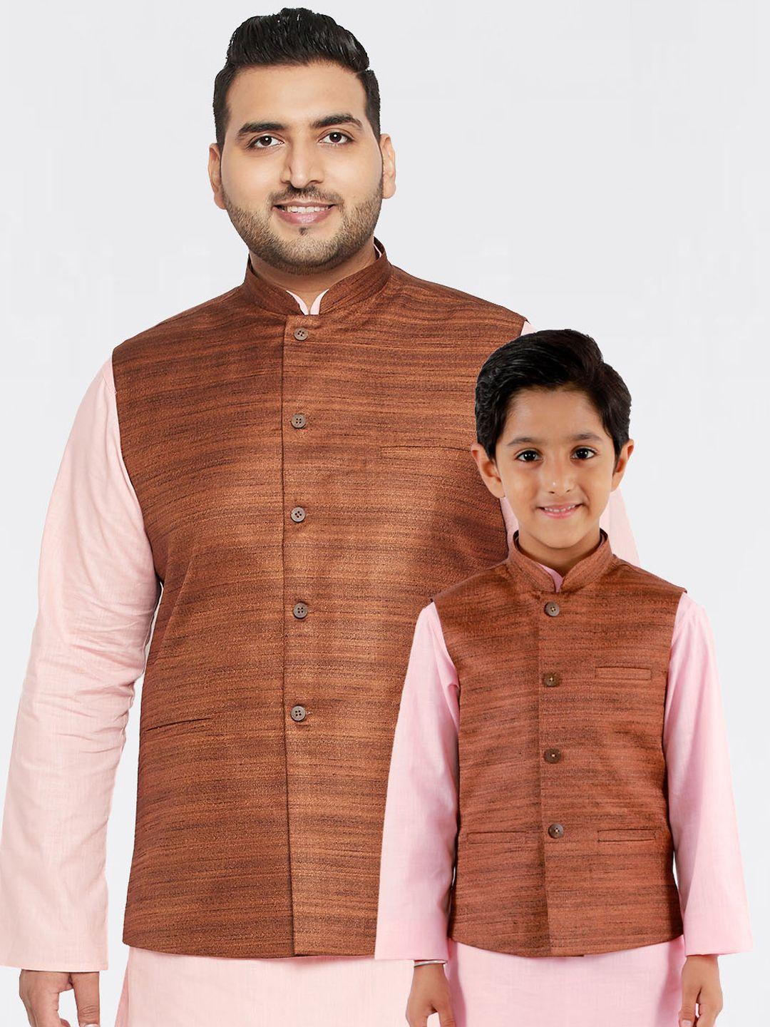 vastramay plus men plus size coffee brown woven-design nehru jackets