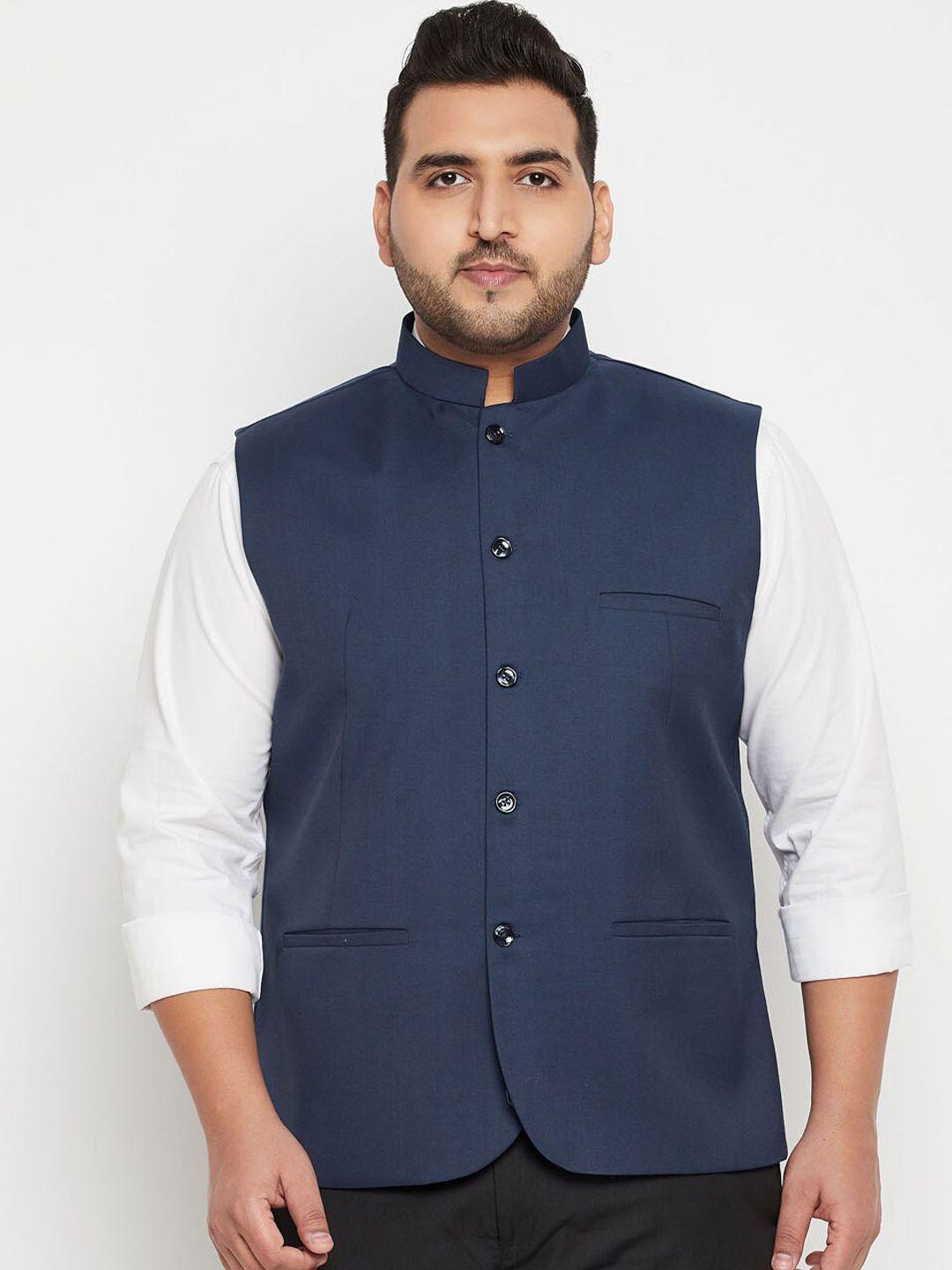 vastramay-plus-men-plus-size-navy-blue-solid-woven-nehru-jacket