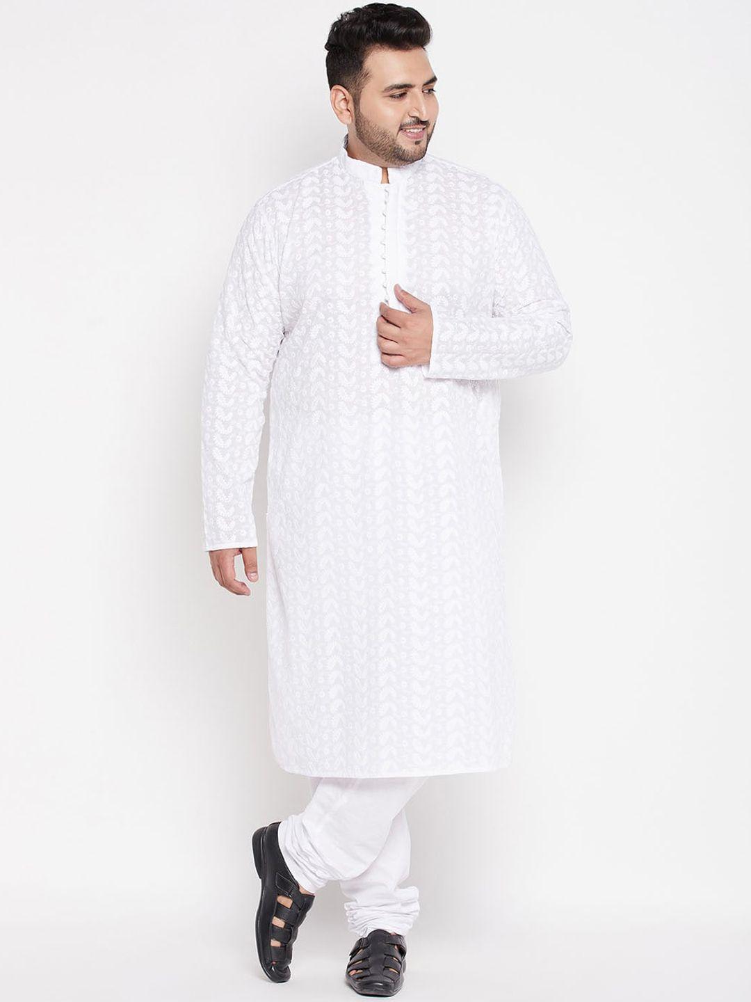 vastramay plus men plus size white paisley embroidered pure cotton kurta with pyjamas