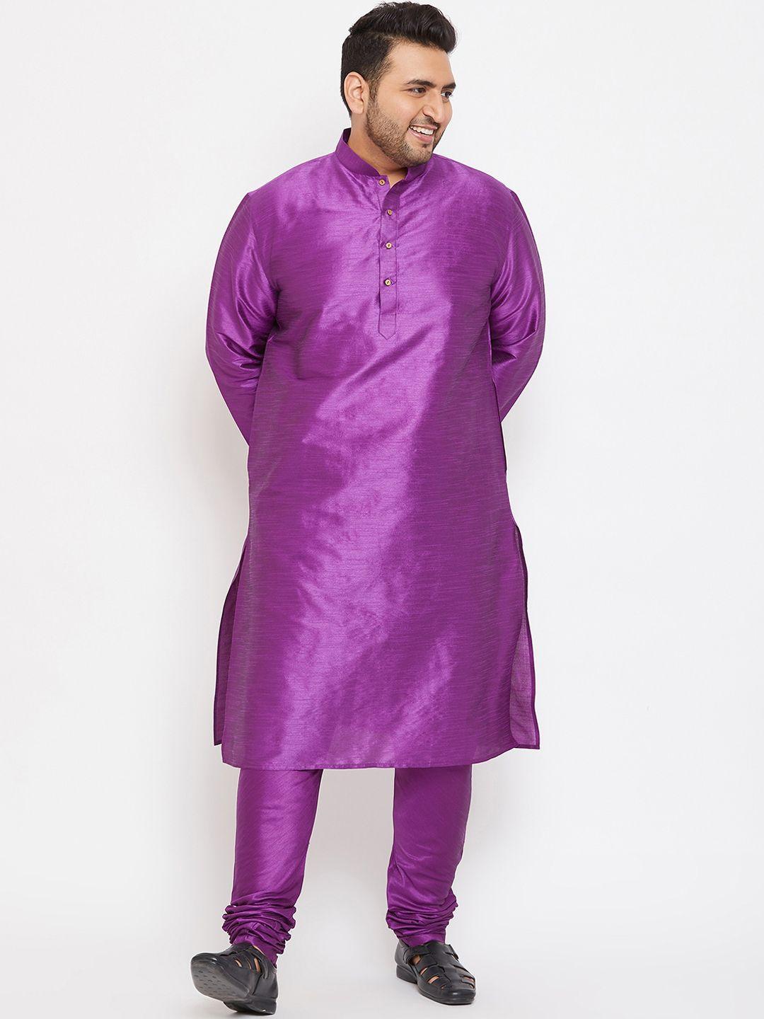 vastramay plus men purple silk blend kurta with churidar