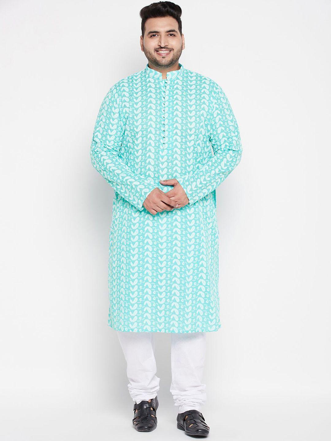 vastramay plus men turquoise blue paisley embroidered pure cotton kurta with pyjamas