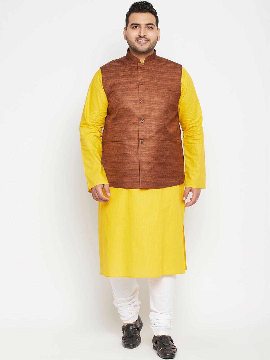 vastramay plus men yellow & brown woven designed straight kurta with churidar & jacket