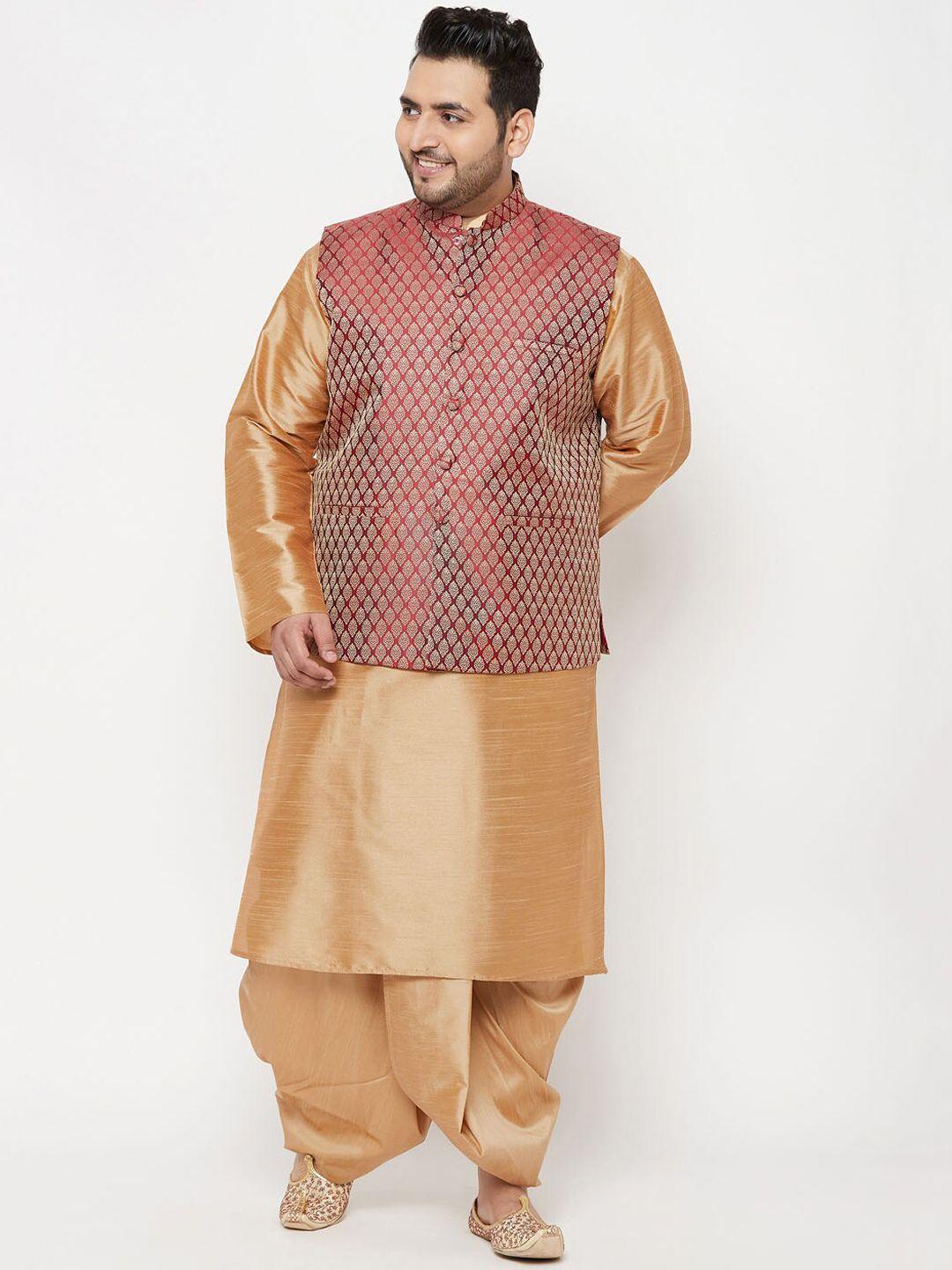 vastramay plus plus size men gold-toned kurta with dhoti pants & nehru jacket