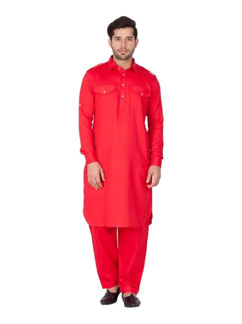 vastramay red cotton regular fit pathani kurta set