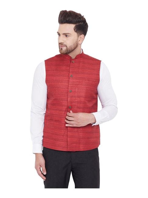 vastramay-red-regular-fit-self-pattern-nehru-jacket
