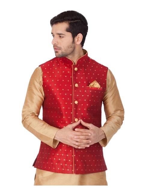 vastramay red straight fit self pattern nehru jacket