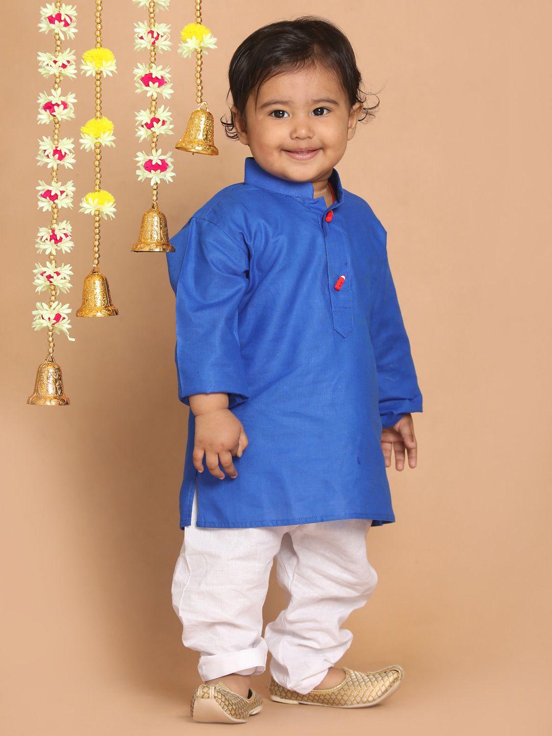 vastramay sishu boys blue and white cotton blend solid kurta pyjama set